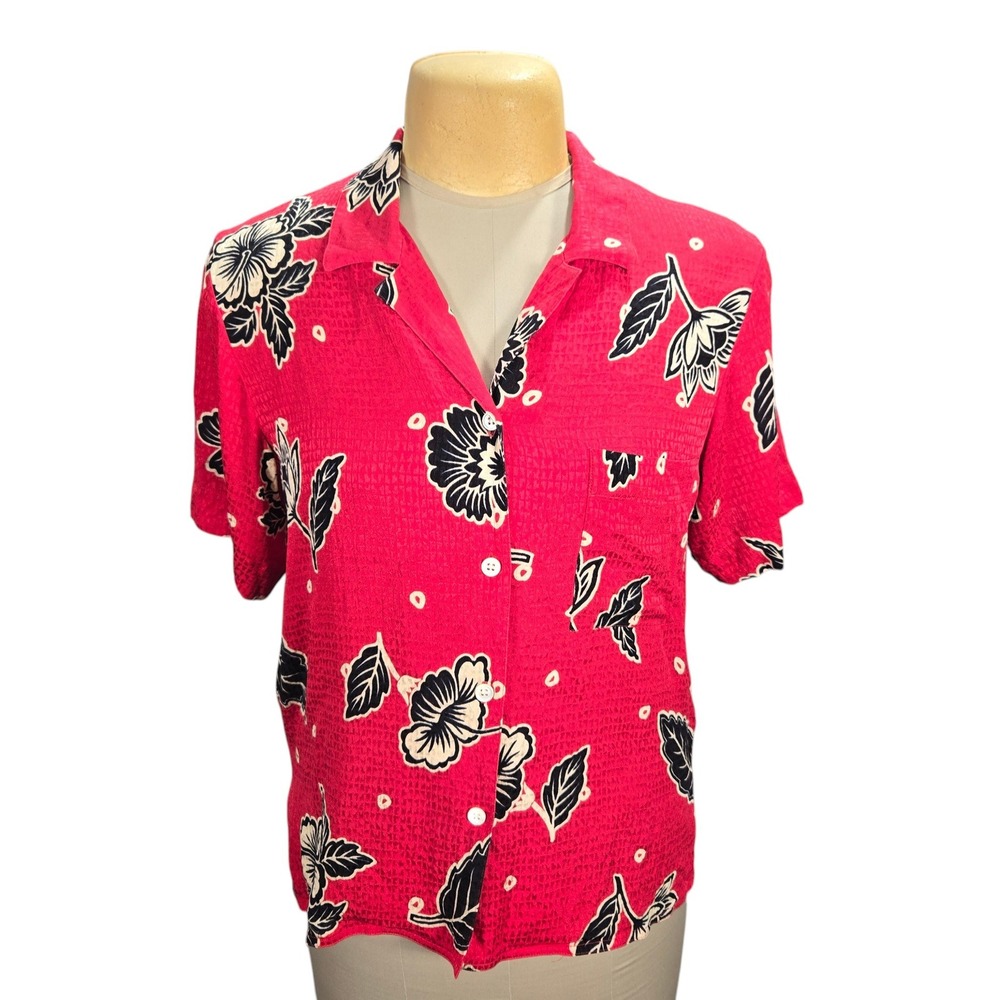Anne Klein II Silk Floral Button Down Shirt Womens 14 Red Hibiscus Tropical Top